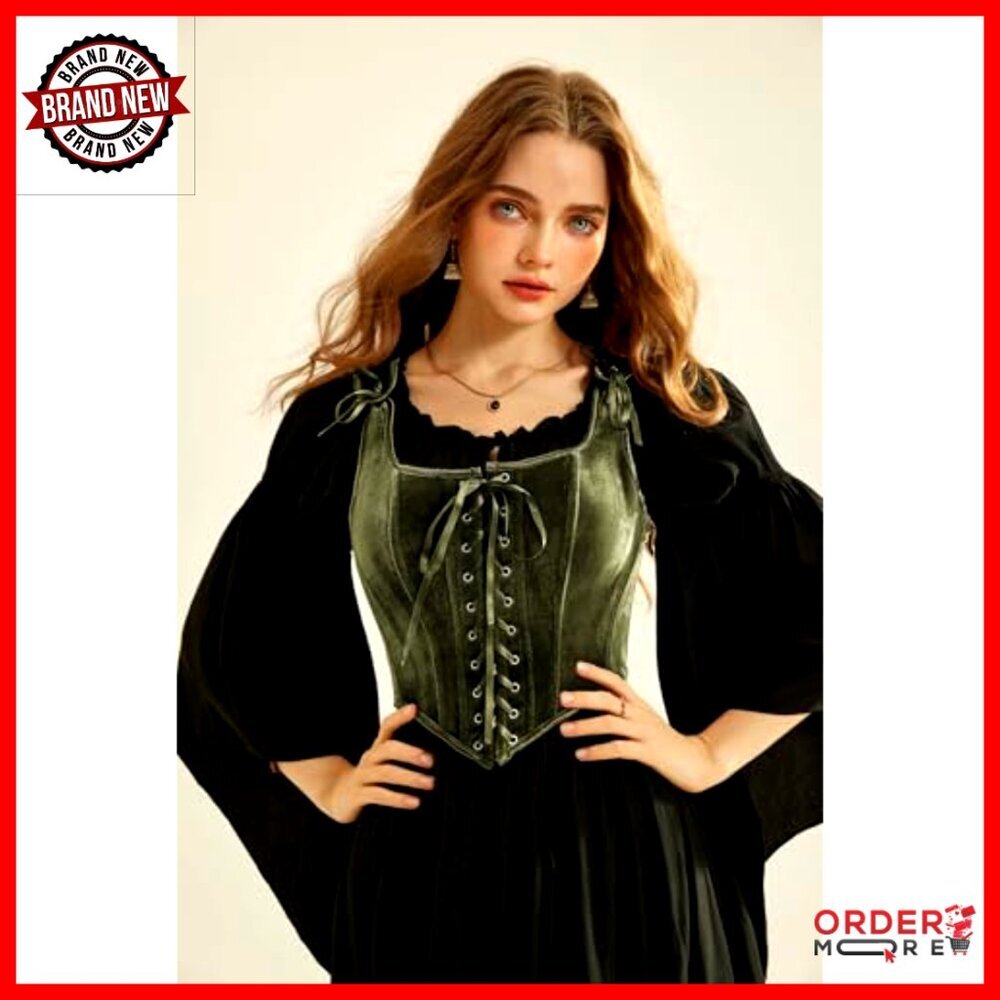 Velvet Overbust Corset Top Renaissance Pirate Lace Up Bodice Vintage Style - Picture 3 of 7